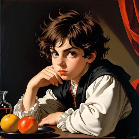 arafed painting of a boy sitting at a table with a plate of fruit