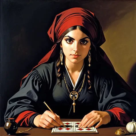 a painting of a woman in a red head scarf writing