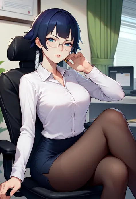 anime girl sitting in a chair talking on a cell phone