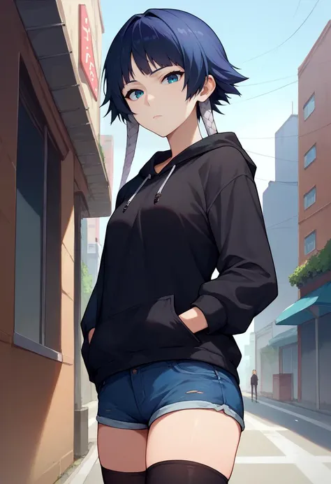 a woman in shorts and a hoodie standing on a street