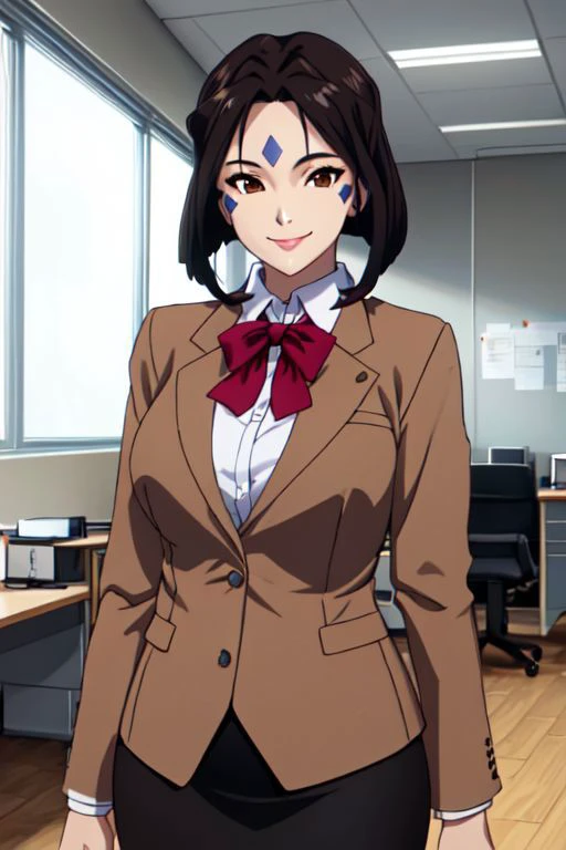 peorth, (bob cut with low ponytail), brown eyes, smile, large breasts, office lady, blazer, shirt, pencil skirt, pantyhose, offi...