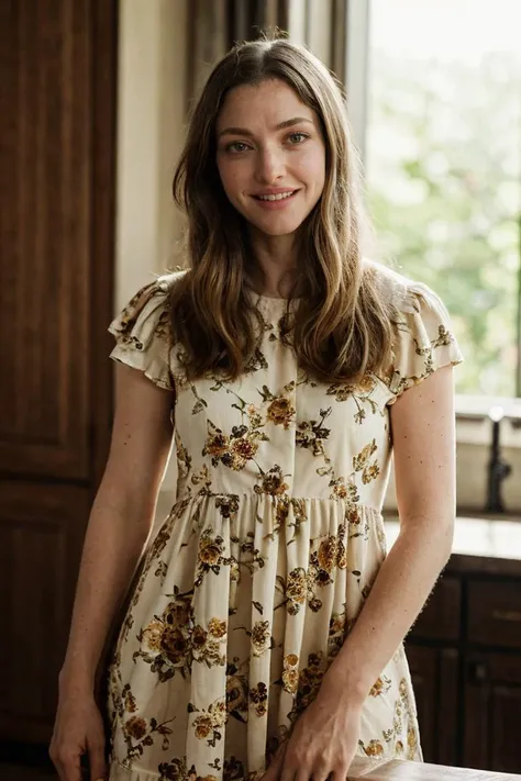 1girl, solo, short-sleeve yellow floral sundress, grin, bend over the table, at kitchen, soft lighting, looking at viewer, blurry background, bokeh, chromatic aberration, depth of field, masterpiece, best quality, ultra-detailed, ultra high res, (photoreal...