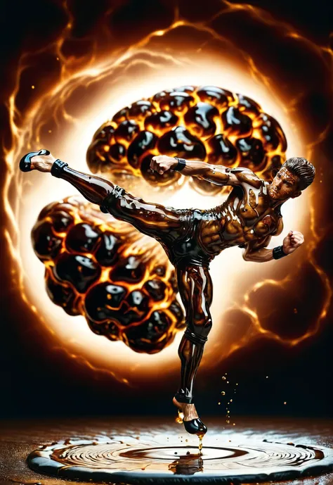 a man kicking a ball of liquid with a brain in the background