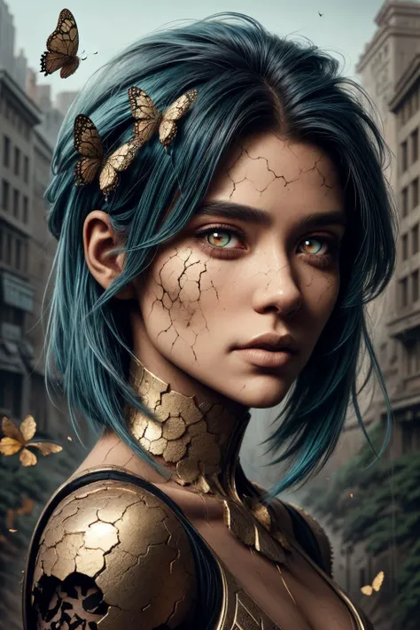 8k portrait of beautiful cyborg with blue hair, intricate, elegant, highly detailed, majestic, digital photography, art by artgerm and ruan jia and greg rutkowski surreal painting gold butterfly filigree, broken glass, (masterpiece, sidelighting, finely de...