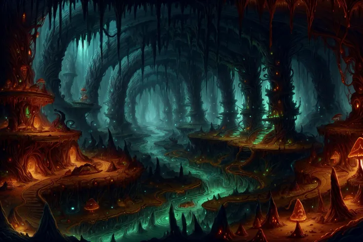 masterpiece, best quality, expressive eyes, absuredres  <lora:Dwarvenworld:1> dwarvenworld, copper, gold, cut stone, underground giant mushroom forest with moss and rivers,<lora:add_detail:0.4>  DarkFantasy