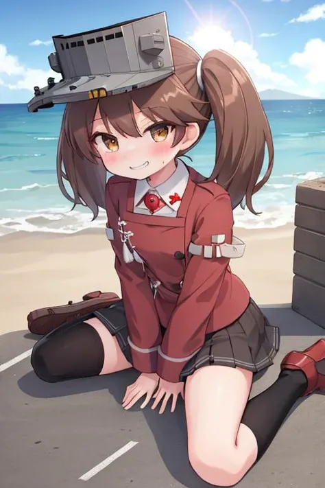 masterpiece, best quality, highres, 1girl,<lora:Ryuujou:0.7> Ryuujou, brown hair, brown eyes, twintails, visor cap, military uniform, skirt, shoes, socks, port,ocean,cloud ,sunshine,happy,smug face