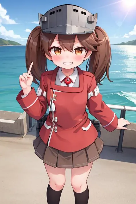 masterpiece, best quality, highres, 1girl,<lora:Ryuujou:0.7> Ryuujou, brown hair, brown eyes, twintails, visor cap, military uniform, skirt, shoes, socks, port,ocean,cloud ,sunshine,happy,smug face