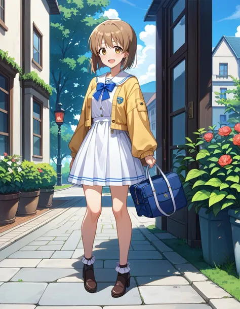 anime girl in a short dress and jacket with a blue bag