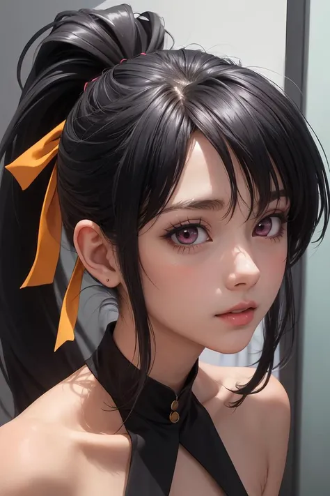 anime girl with black hair and a bow in a black dress