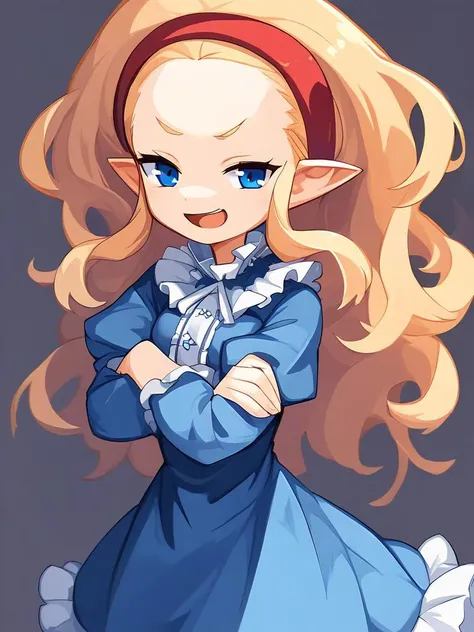 <lora:Disgaea-PonyXL-1024-v2:0.8>
score_5_up, score_6_up,
1girl, solo, crossed arms, open mouth, smug, wearing (blue dress, red hairband), long blonde hair, blue eyes, pointy ears, frills, forehead