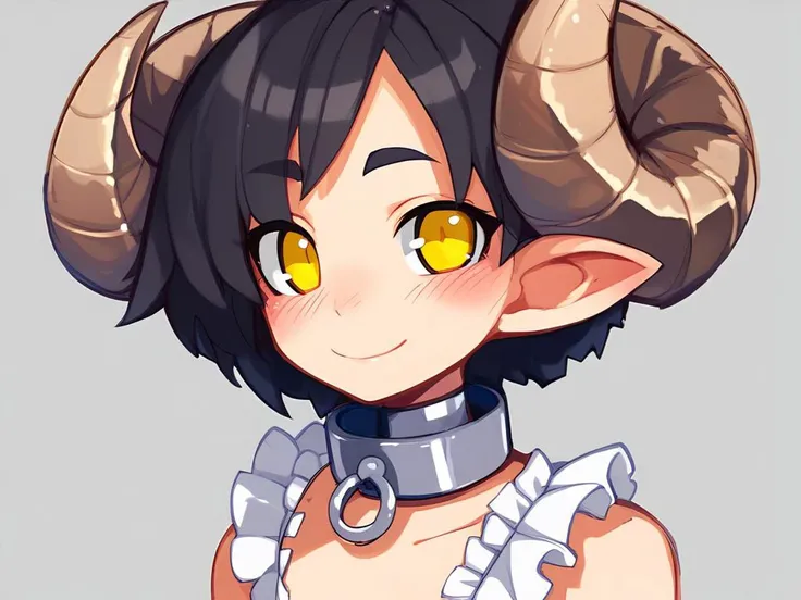 <lora:Disgaea-PonyXL-1024-v2:0.8>
score_5_up, score_6_up,score_8_up,
 1girl, solo, portrait, short black hair, bobcut, sheep_horns, o_ring, bell choker, yellow eyes, pointy ears, metal collar, frilly dress, blush, smile