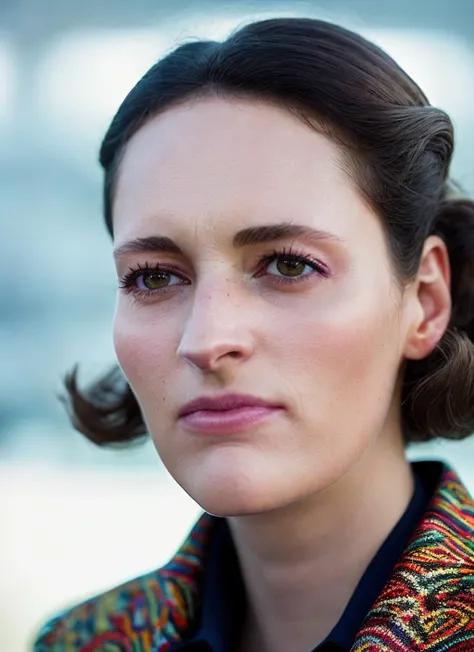 portrait of skswoman, wearing luxury fabrics , background war epic (photo, studio lighting, hard light, sony a7, 50 mm, matte skin, pores, colors, hyperdetailed, hyperrealistic), <lyco:Phoebe Waller-BridgeV3:1.2>