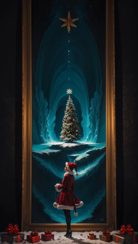 a person standing in front of a painting of a christmas tree