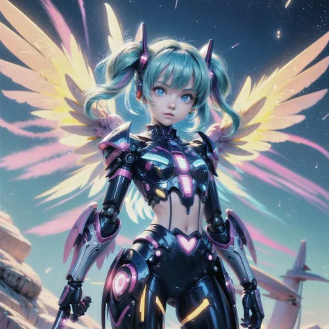 a woman in a futuristic outfit with wings and a sword