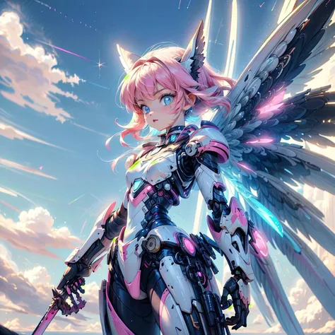 a woman with pink hair and wings holding a sword