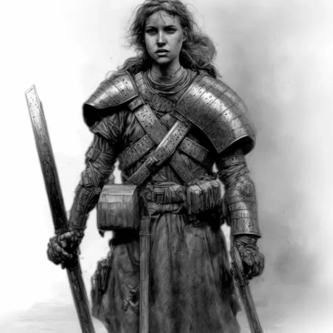 a black and white photo of a man in armor holding a sword