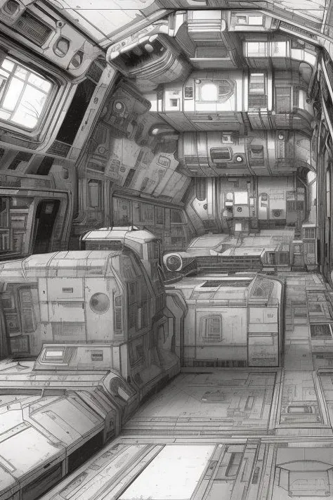 rugged space trucker, inside industrial spaceship, futuristic science fiction, atompunk, digital concept art, realistic, high de...