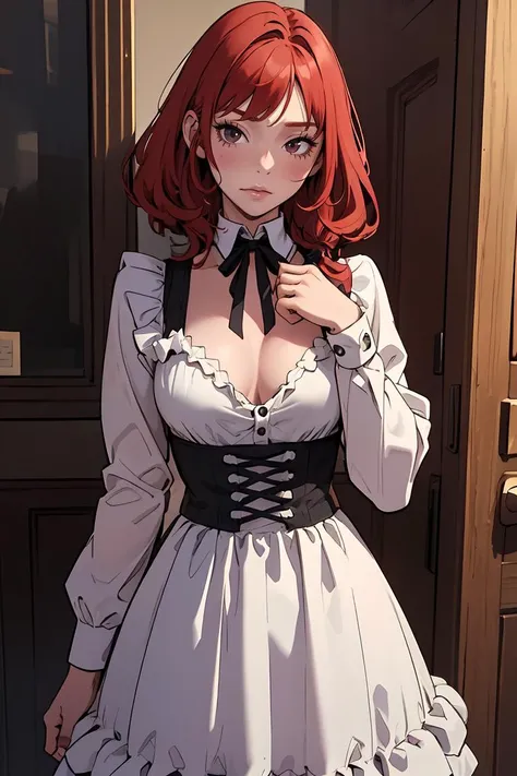 (masterpiece, best quality), 1girl, red hair, medium chest, gothic frill dress, pervert face,