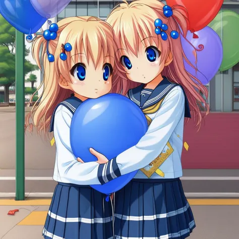 hugging balloon, hair ornament, balloon, school uniform, blue eyes, closed eyes