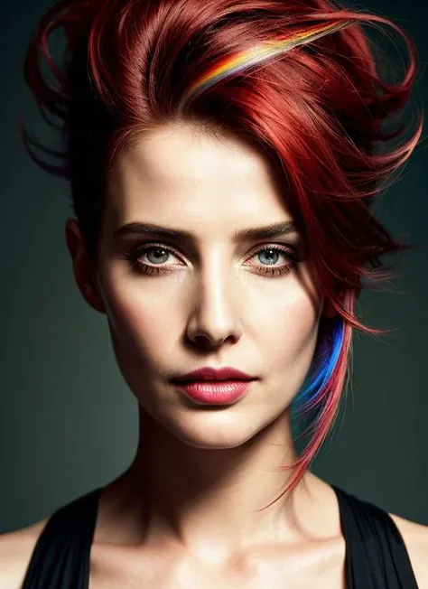 a woman with red hair and a colorful mohawk