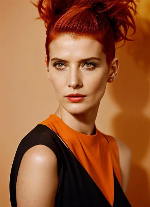 a woman with red hair and a black dress posing for a picture