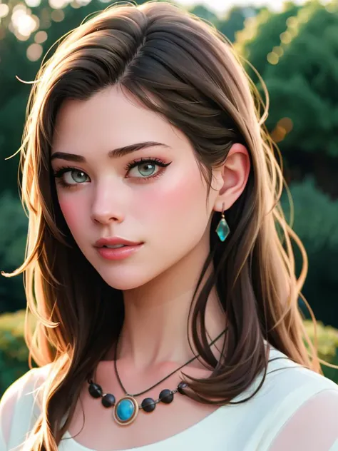 A beautiful p3yt0nl1 woman, 1girl,solo,long hair,looking at viewer,blonde hair,brown hair,shirt,jewelry,upper body,outdoors,signature,necklace,blurry,lips,blurry background,arms behind back,realistic,soft lighting, professional Photography, Photorealistic,...