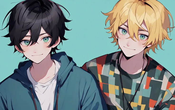 two anime boys with blue eyes and blonde hair are posing for a picture