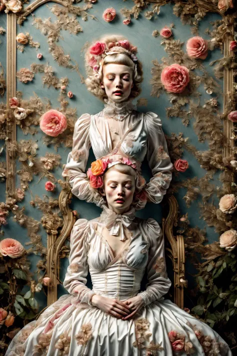 a close up of two women in dresses sitting on a chair