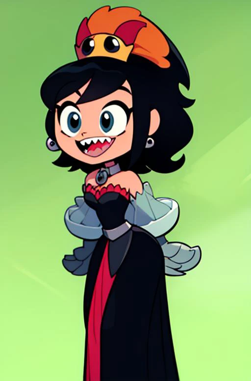 a cartoon character dressed in a black dress and a crown