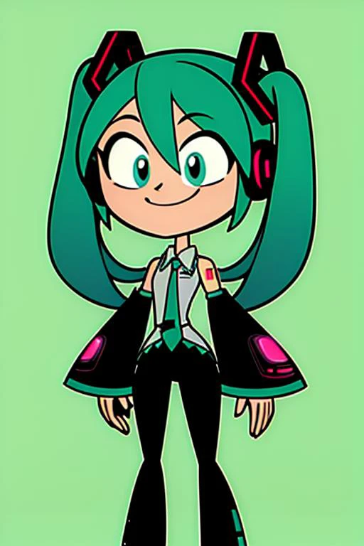 a cartoon girl with green hair and black pants and a green jacket