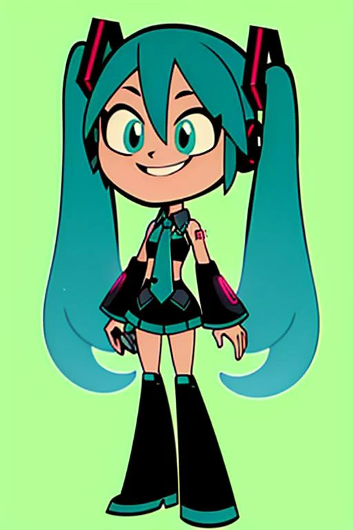 a cartoon girl with blue hair and black pants and a green background