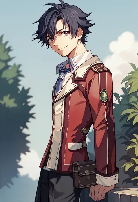 score_9, score_8_up, score_7_up, source_anime, 1boy, solo, looking at viewer, smile <lora:rean-pdxl-nvwls-v1:1> sen1rean, black hair, school uniform, red blazer, necktie, black pants, outdoors