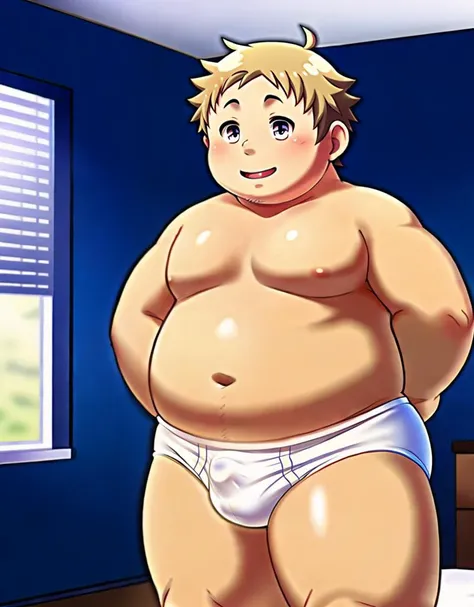 (((detailed eyes, detailed face))), (boy <lora:Baralora:0.5>, ch0ji housamo <lora:Ch0ji_Housamo:0.8>, blond hair), male, (solo), (plump, fat, chubby, overweight), (white briefs <lora:bulge_brief_cum_xindigo_v4:1>, topless), (bulge), standing, (arms behind ...