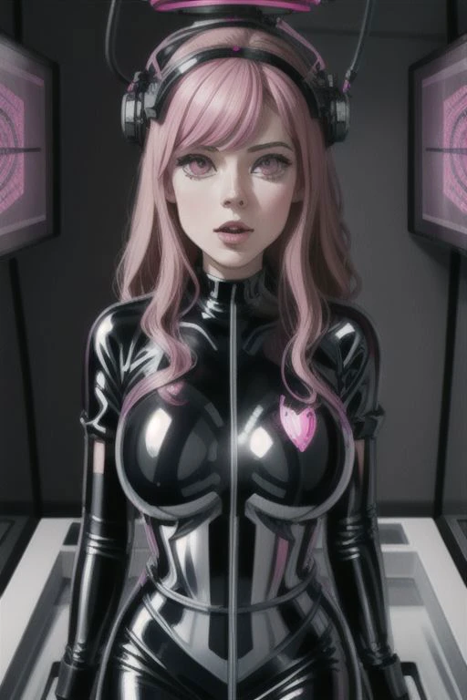 a woman in a black latex outfit with headphones on