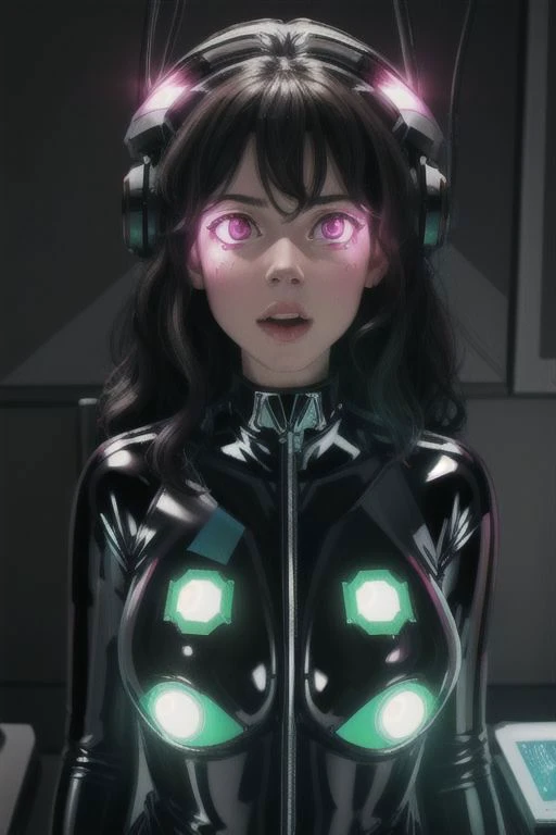 a woman in a black suit with headphones and glowing eyes