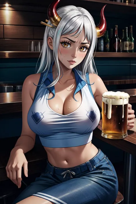 (masterpiece, best quality),  intricate details,
1girl,    <lora:yamato-08:0.8> yamato, long hair, white hair, horns, sideboob, cleavage,  white top, midriff, underboob, 
sweating, boob sweat, indoors, bar, drunk, mug of beer, food on table, sitting at bar...