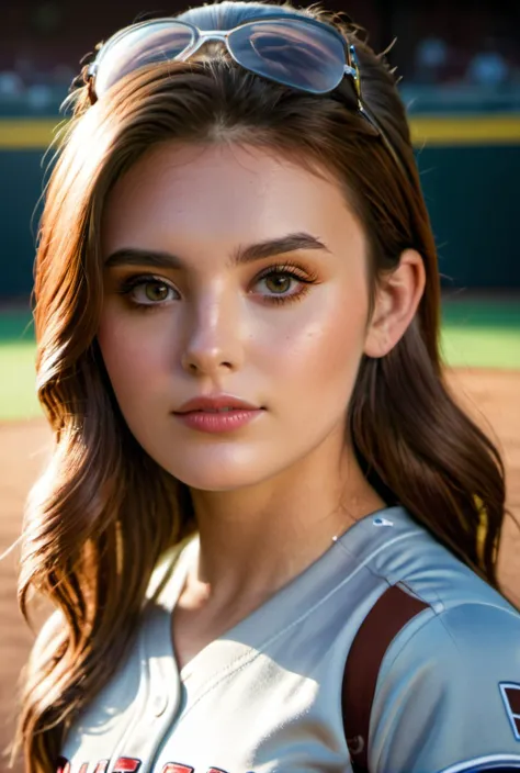 Hyperrealistic art <lora:Ell4Jo:0.7>,ell4jo,brown hair,softball uniform,ballpark,sunny day, style by Dan Winters,RAW photography,film grain,(indistinguishable from reality:1.4),photo taken with a Bolex H16, Hyperrealistic art cinematic film still photograp...