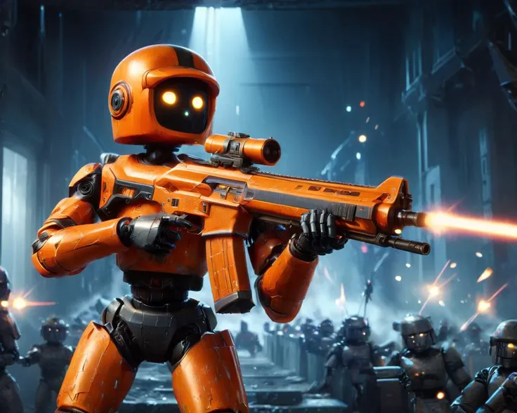 cinematic film still <lora:xl_Orange Robot1024:0.9> Orange Robot1024, <lora:xl_Weapon_Assault_Rifle_-_By_HailoKnight:0.85> assault rifle, war background, missiles flying, lasers shooting, army of robots, dead robots,, shallow depth of field, vignette, high...