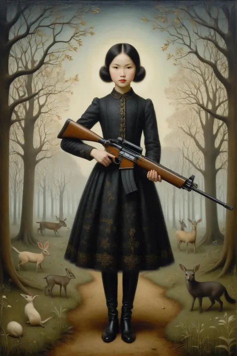 by Mark Ryden and Catherine Hyde, using an assualt rifle <lora:assualt_rifle:0.60>