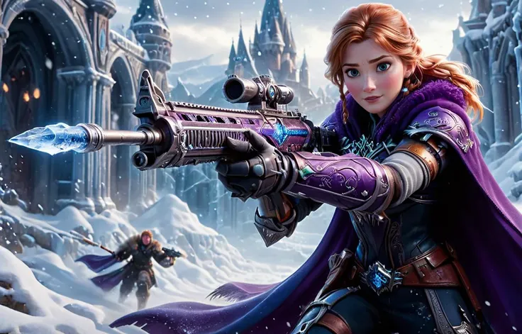 ((hyperrealistic)) cinematic photo, wide angle establishing shot, rule of thirds shot, Anna from Frozen, reddish blonde hair, purple cape, with Ice Assault Rifle, action scene in Ice Castle, Snow Monster, blizzard, snow storm, 
35mm photograph, film, bokeh...