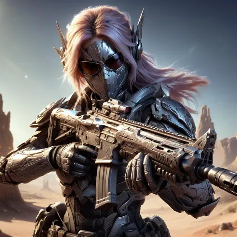 on a desert planet, steel body armor, woman, detailed face, holding an assault rifle, sunglasses
<lora:XL_Weapon_Assault_Rifle_-_By_HailoKnight:1>