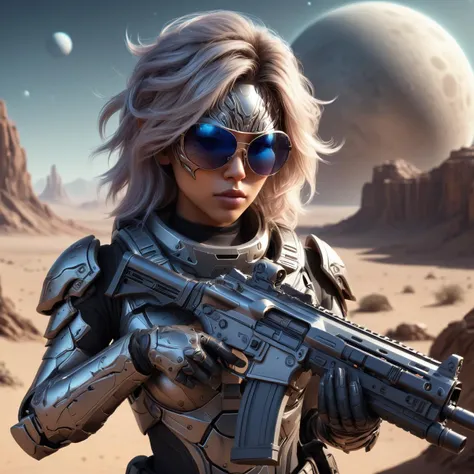 on a desert planet, steel body armor, woman, detailed face, holding an assault rifle, sunglasses, 3 moons in orbit
<lora:XL_Weapon_Assault_Rifle_-_By_HailoKnight:0.5>