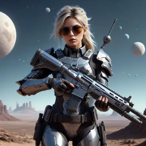 on a desert planet, steel body armor, woman, detailed face, holding an assault rifle, sunglasses, 3 moons in orbit
<lora:XL_Weapon_Assault_Rifle_-_By_HailoKnight:0.5>