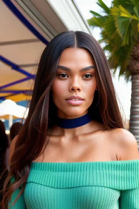 tinakunakey piercing eyes, looking straight, very happy,long hair, wearing an off-shoulder sweater, choker, closeup portrait, in a outdoor cafe in 2015, afternoon light