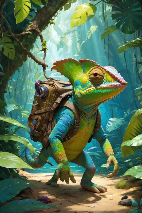 a chamelon walking through the jungle with a backpack on its back