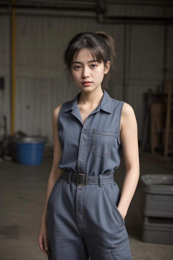 a woman in a denim jumpsuit standing in a warehouse