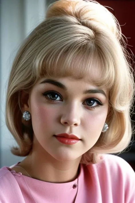 a close up of a woman with a pink shirt and earrings