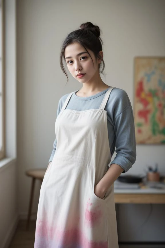 1. Young female artist (ethnicity: Middle-Eastern, age: 20s) in a bright art studio (setting: spacious, natural light). Shes wearing a paint-splattered apron (fabric: canvas) over casual clothes, her hair in a relaxed bun, with minimal makeup. Shes paintin...