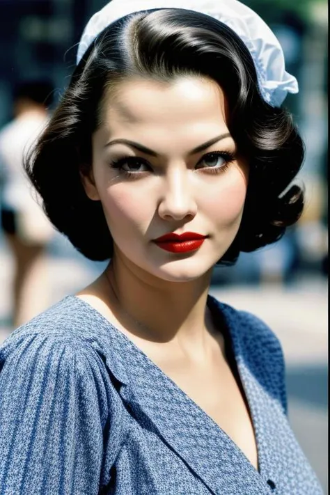 a close up of a woman with a blue dress and a white headband