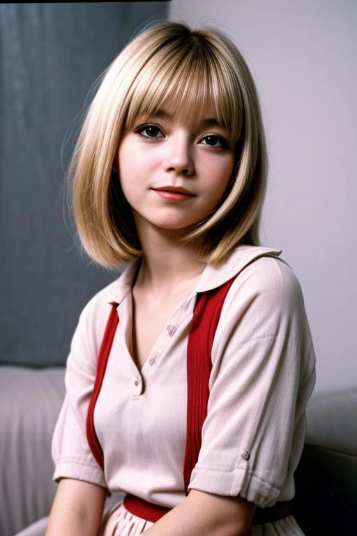 a close up of a woman with a short blond haircut